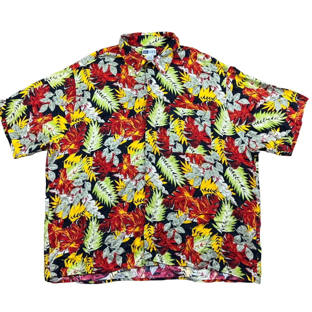 Vintage UNTIED Mens 2XL Hawaiian Shirt Rayon‎ Tropical Leaf Print Short Sleeve